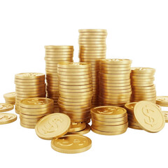 3d golden coins stacked high realistic financial wealth concept isolated on transparent background