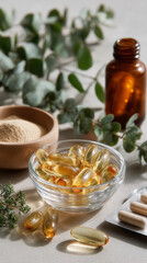 Clean blister pack holding vitamin B12 capsules. Omega-3 fish oil capsules showing golden transparency Small bowl with magnesium powder leafy greens. Minimalist design medical magazine Vertical image
