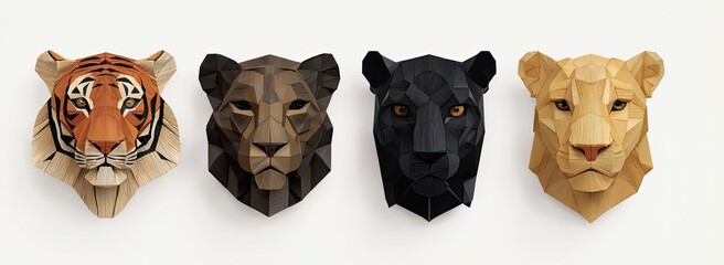 A striking image of four geometrically rendered big cat heads tiger, lioness, panther, lioness