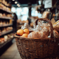 A basket with fruits, vegetables and bread.