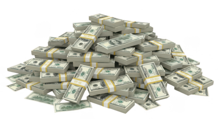 Pile of stacked hundred dollar bills on transparent background