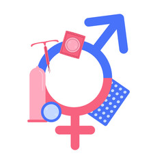 World contraception day illustration. Types of contraception. Pills, calendar, patch, condom and coil. Vector illustration.