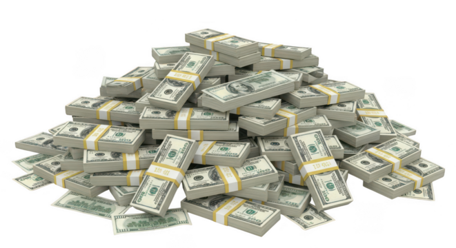 Pile of stacked hundred dollar bills on transparent background