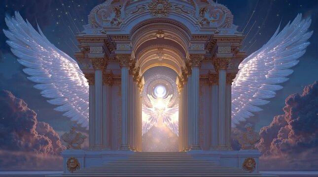 One of the twelve gates of New Jerusalem, a massive iridescent pearl, guarded by a radiant glowing angel, cinematic, mystical, and divine atmosphere with ethereal light.