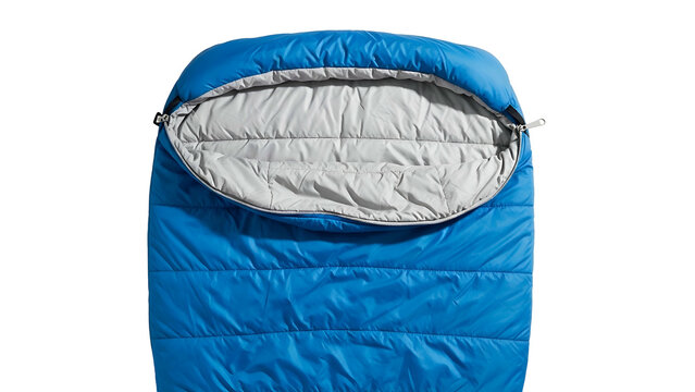 Open blue sleeping bag exposing gray lining, top-down view