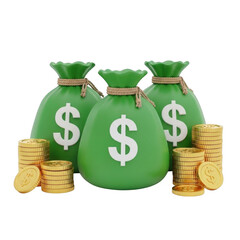 3d green money bags with stacks of gold coins isolated on transparent background