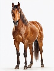 Obraz premium A strong and elegant brown horse stands tall with a shiny coat. Light reflects off its muscular body, showcasing its beauty and grace in a calm studio environment.