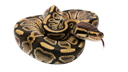 Curled ball python with tan and black patterns, tongue flicking
