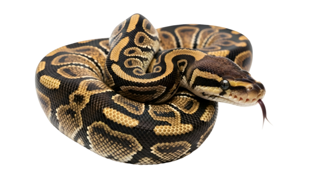 Curled ball python with tan and black patterns, tongue flicking