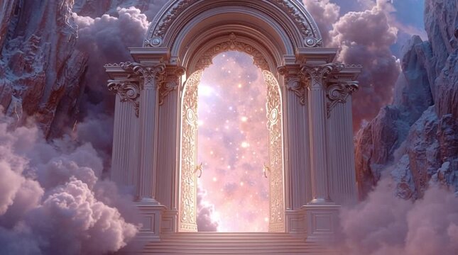 One of the twelve gates of New Jerusalem, a massive iridescent pearl, guarded by a radiant glowing angel, cinematic, mystical, and divine atmosphere with ethereal light.