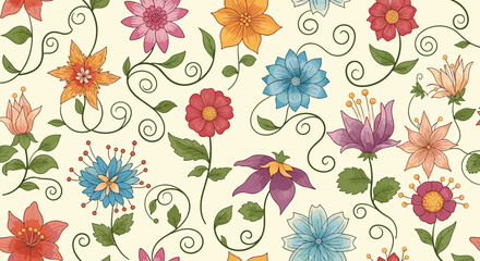 A delightful vintage botanical pattern featuring whimsical flowers and swirling vines. This charming floral arrangement evokes a sense of timeless beauty and natural elegance.