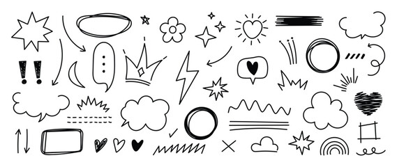 Doodle hand drawn element vector set. Scribble doodle line shape with speech bubble, heart, arrow, sparkle, crown. Design for card, poster, cover, decorative element.