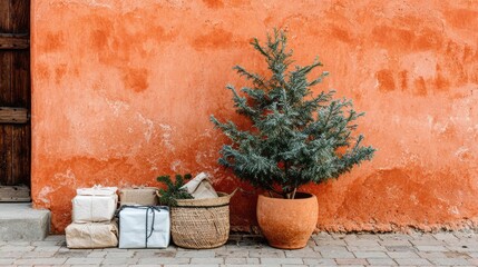 Christmas gifts and a small tree against an orange wall in a cozy outdoor setting during the holiday season