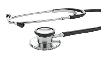 Stethoscope Silver head, black tubes, medical device close-up