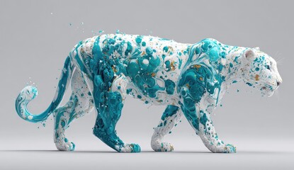 A white feline rendered with turquoise and gold paint splatters, a modern artistic depiction