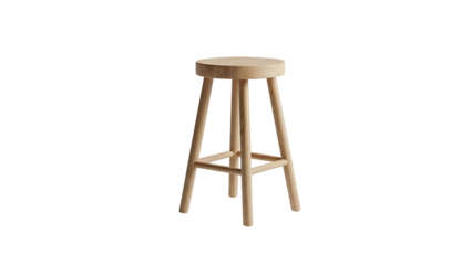 Simple, light wood stool with round seat against a black background