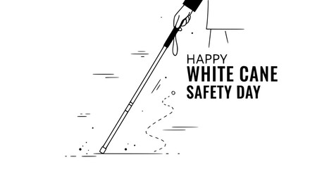 White Cane Safety Day: A line art illustration celebrating White Cane Safety Day, featuring a hand holding a white cane and a graphic of dotted line and text.