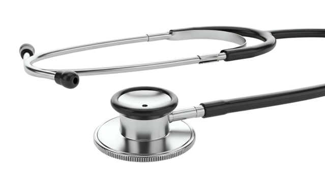 Stethoscope Silver head, black tubes, medical device close-up