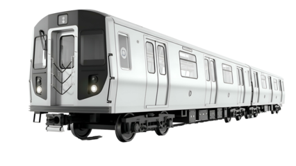 Silver subway train with lights on, isolated on a black backdrop