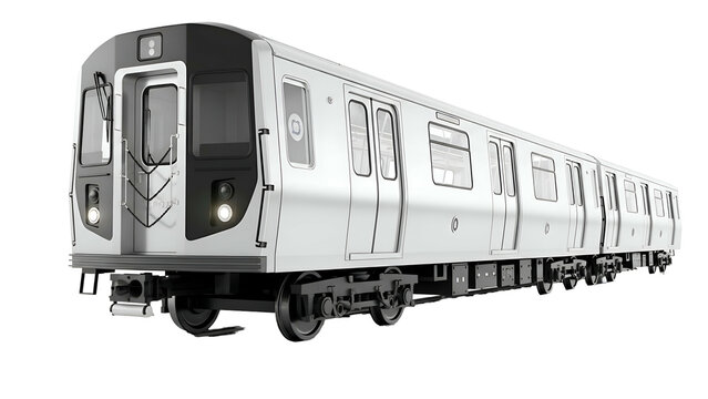 Silver subway train with lights on, isolated on a black backdrop