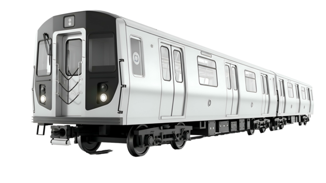 Silver subway train with lights on, isolated on a black backdrop