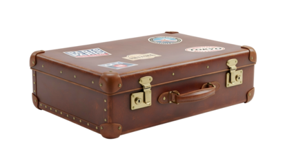 Brown leather suitcase adorned with travel stickers