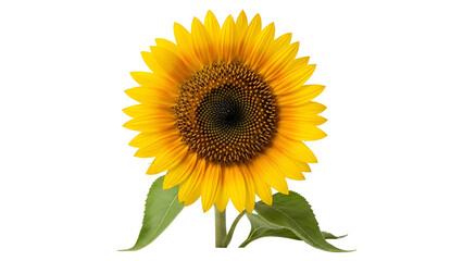 Fototapeta premium Vibrant sunflower bloom with yellow petals, dark center, green leaves