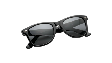 Sleek, black wayfarer sunglasses with dark lenses, on black backdrop