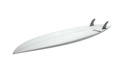 White surfboard with twin fins, angled right on dark background
