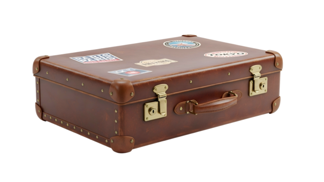 Brown leather suitcase adorned with travel stickers