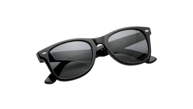 Sleek, black wayfarer sunglasses with dark lenses, on black backdrop