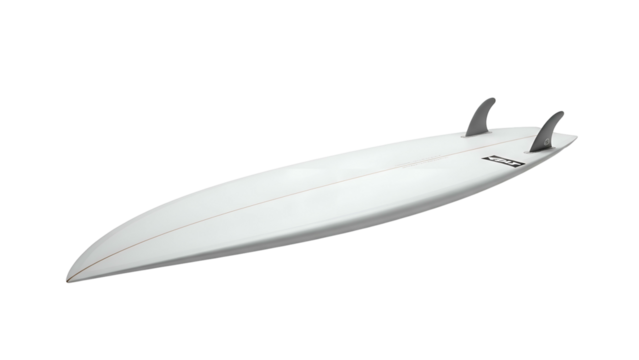 White surfboard with twin fins, angled right on dark background