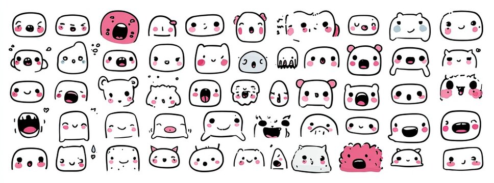 A collection of cute, simple face illustrations with varying expressions and small rosy cheeks - Powered by Adobe