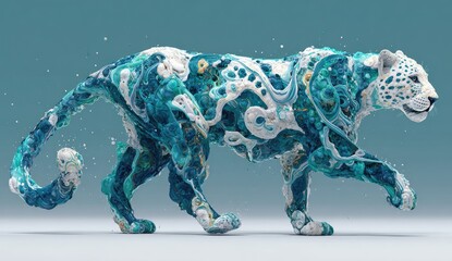 A stylized snow leopard sculpture with intricate blue, white, and gold patterned body details