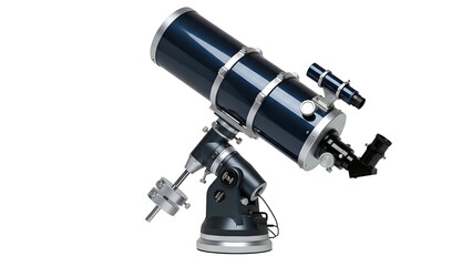 Shiny, dark blue telescope pointed diagonally up on black background