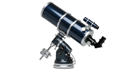 Shiny, dark blue telescope pointed diagonally up on black background