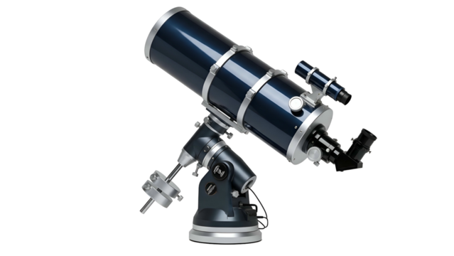 Shiny, dark blue telescope pointed diagonally up on black background