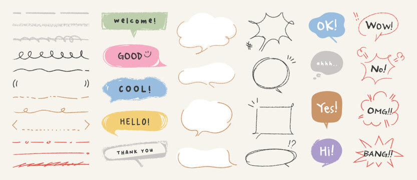Speech bubble with crayons texture vector set. Hand drawn colorful speech bubble in different shape with doodle decorative. Design for chat, talk, sale sticker, icon.