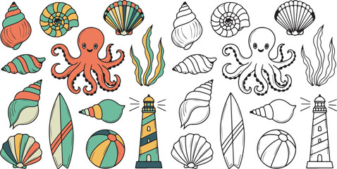 Cute hand-drawn sea life and beach elements vector set. Cartoon octopus, seashells, surfboard, lighthouse, and summer icons in colorful doodle style &mdash; perfect for kids&rsquo; designs, t-shirts, stickers, an