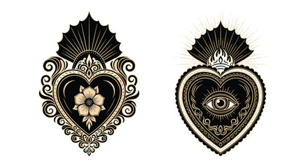 Obraz premium Sacred heart designs with floral and all seeing eye motifs for spiritual art and religious symbolism.