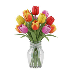 Vibrant bouquet of mixed color tulips in a clear glass vase for spring decoration isolated on transparent background