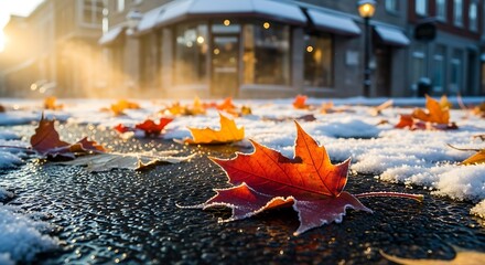 Autumn's last embrace: A carpet of fallen leaves and a dusting of snow on a quiet street, Frozen leaves on a city street, a poignant reminder of autumn's end and the arrival of winter