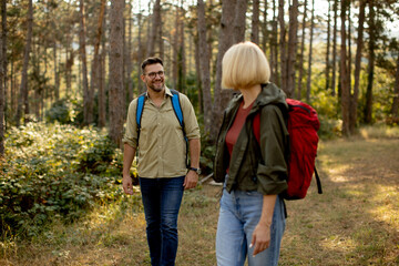 Fototapeta premium Enjoying a sunny hike through a forest trail in the early afternoon with friends