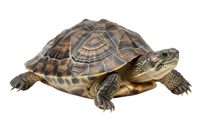 Fototapeta premium Isolated turtle features its patterned shell on a dark backdrop