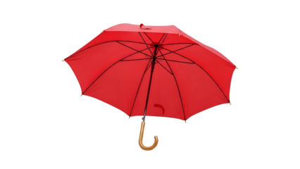 Vivid red umbrella, open, with a curved wooden handle