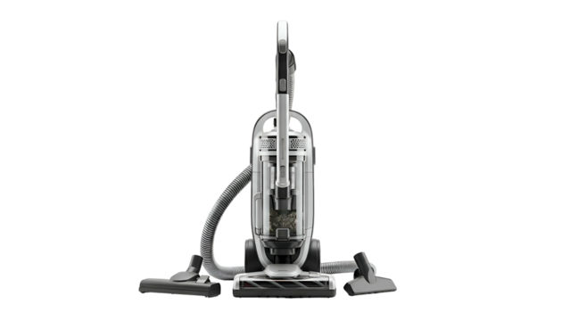 Upright vacuum cleaner with attachments on a black background