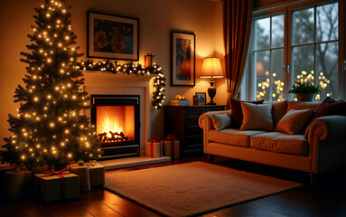 Cozy Living Room with Christmas Tree and Fireplace Glow