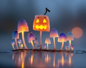 Enchanted Halloween Scene with Glowing Pumpkin and Colorful Mushrooms