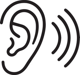 Simple line art icon of a human ear with sound waves isolated on white background