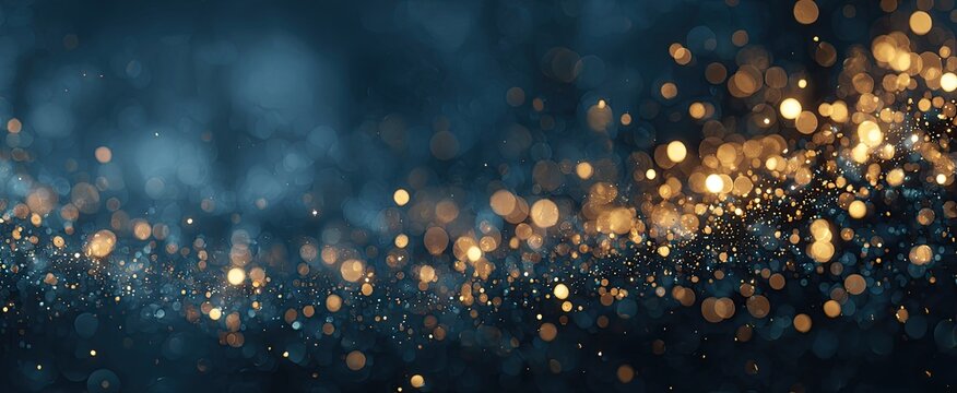 Abstract image with blurred shimmering golden and blue bokeh lights on a dark background, creating a dreamy effect